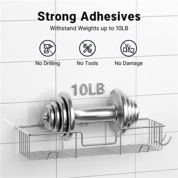 Adhesive Shower Caddy, No Drilling, Rustproof Stainless Steel, 2 Pack, Chrome - Picture 6 of 6